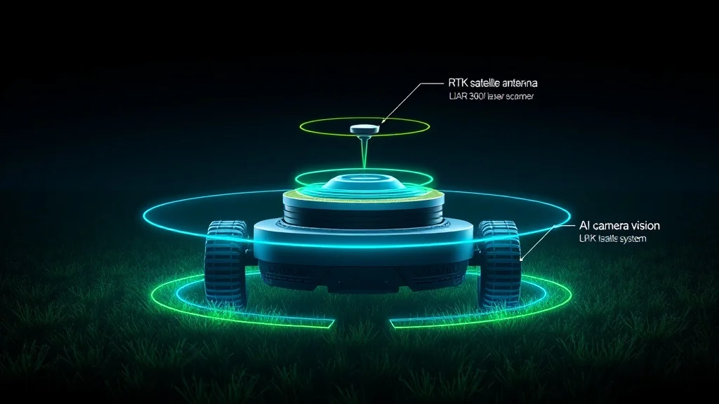 Diagramme technologie Tri-Fusion Mammotion : RTK satellite, LiDAR 360° et IA Vision combinés