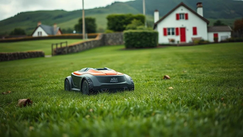 Robot tondeuse sur une pelouse verdoyante au Pays Basque, collines et maison basque en arrière-plan